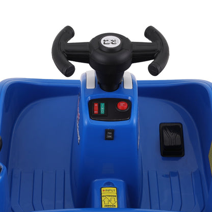 Close-up of a blue toy vehicle with a steering wheel and control panel on a white background