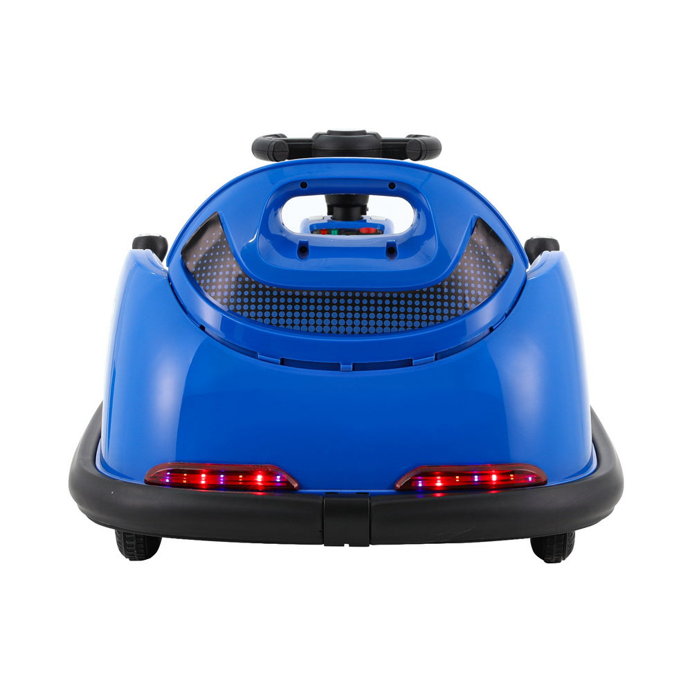 Blue toy car with red lights on a white background