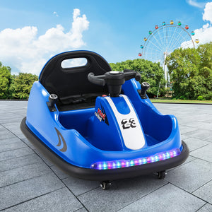 Blue children's bumper car with LED lights on a paved area with a Ferris wheel in the background.