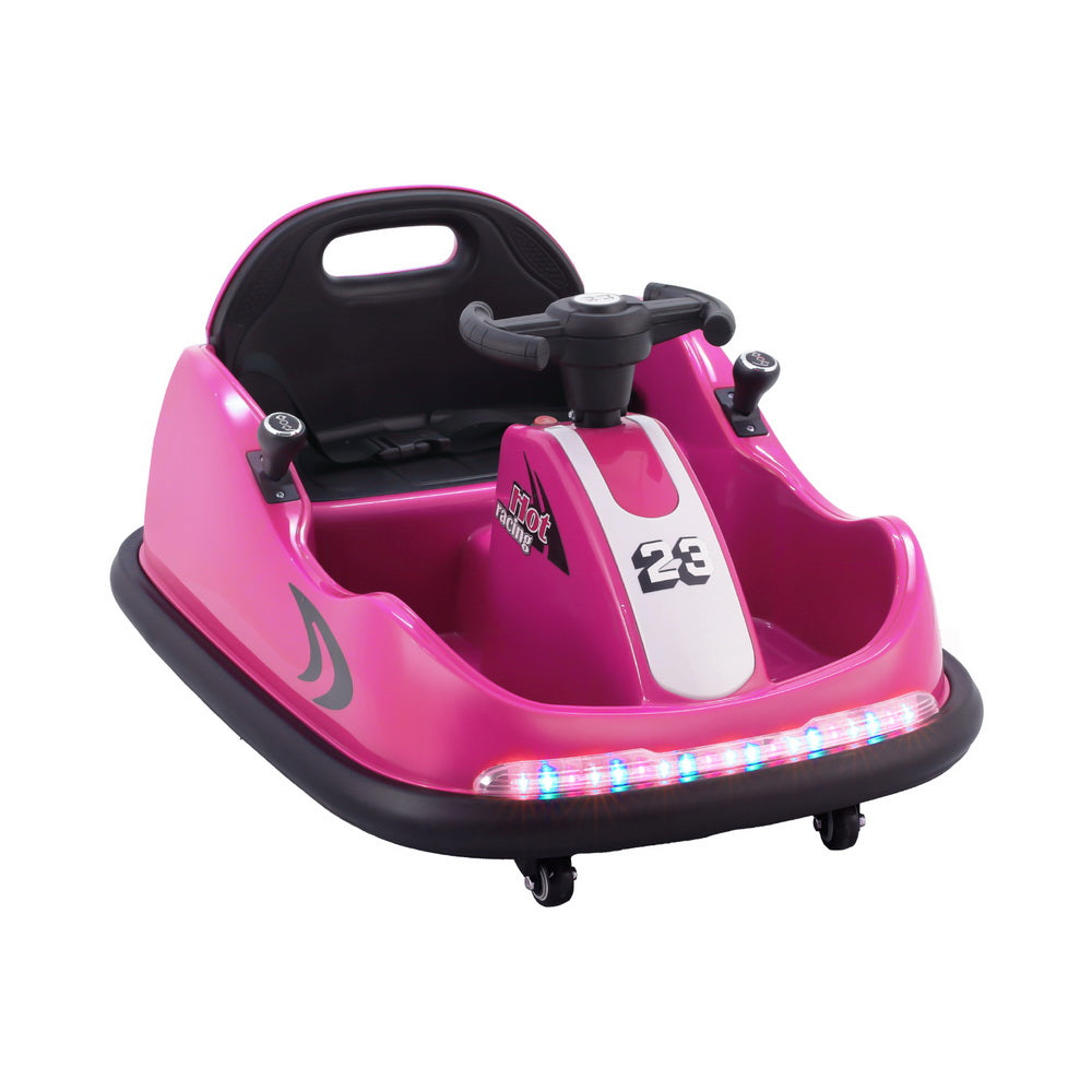 Pink and black toy car with steering wheel on a white background