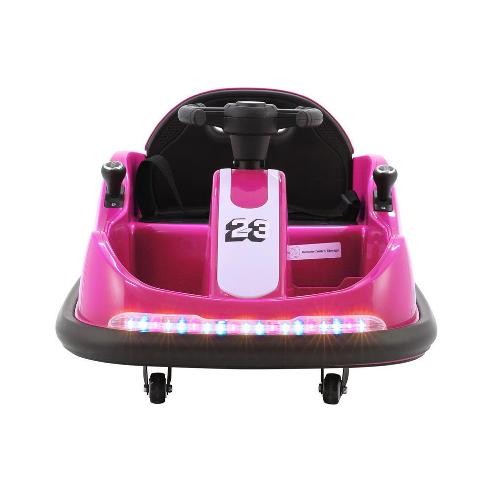 Pink and black toy car with steering wheel on a white background