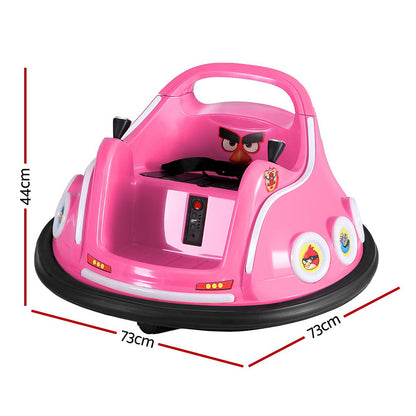 Pink toy car with character design and measurements on a white background