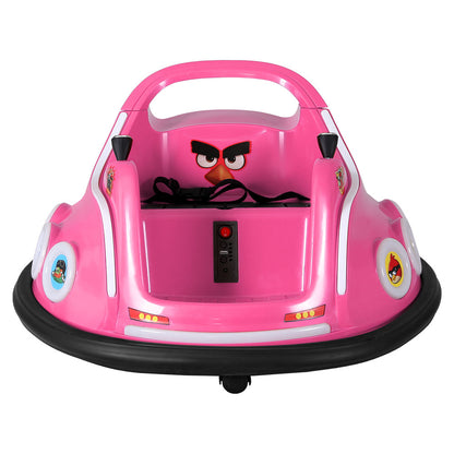 Pink bumper car with an Angry Birds character on a white background