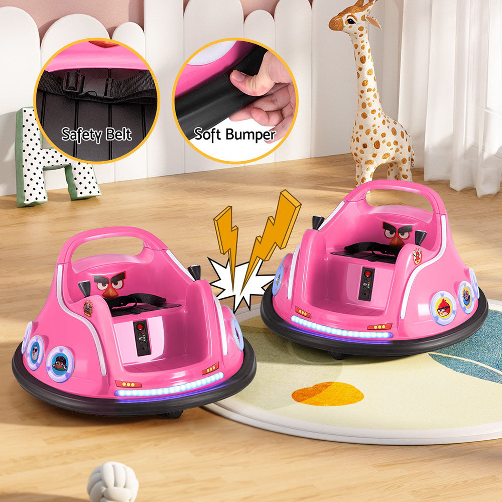 Pink toy car with safety belt and soft bumper features on a wooden floor.