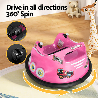 Pink children's bumper car with 360-degree spin feature on a wooden floor.