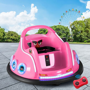 Pink children's bumper car with remote control in an outdoor park setting
