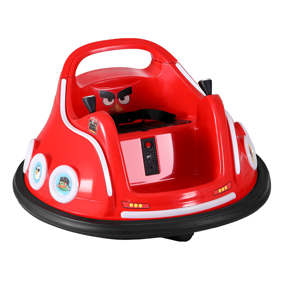Red toy bumper car with character face on a white background