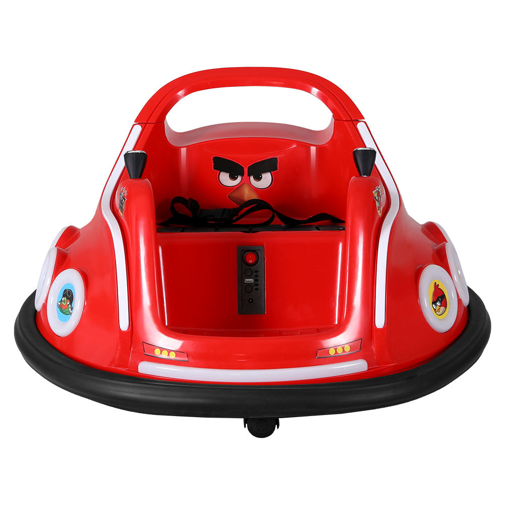 Red bumper car with cartoon face design on a white background