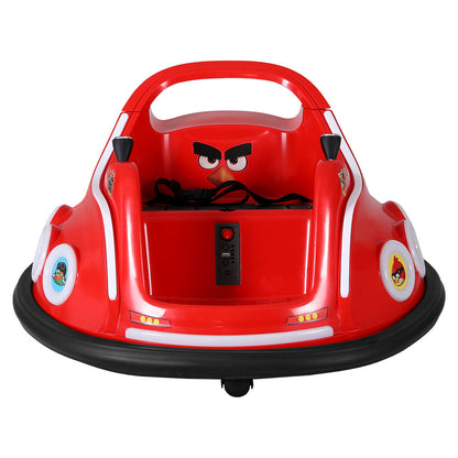 Red bumper car with cartoon face design on a white background
