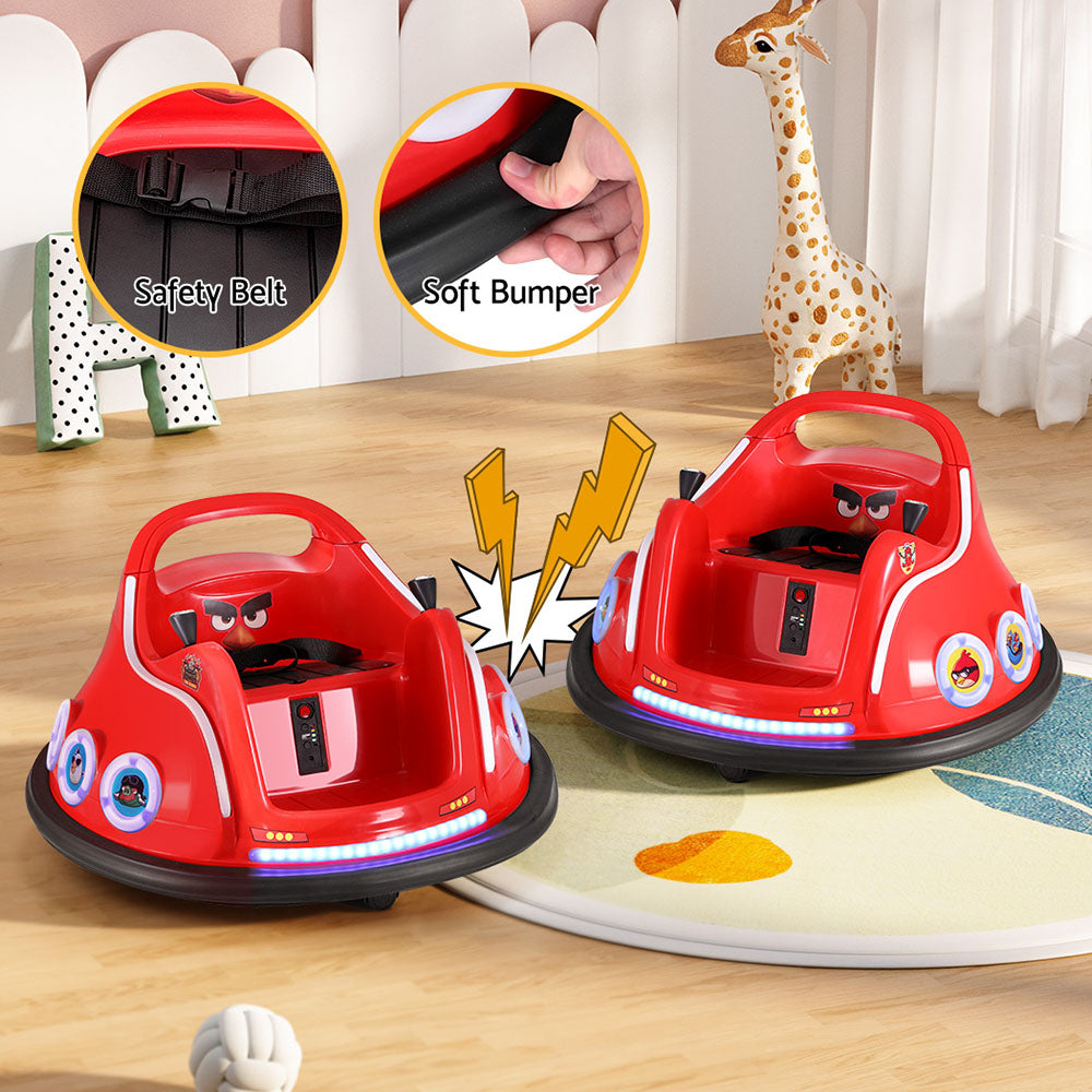 Red toy bumper car with safety belt and soft bumper features on a wooden floor.