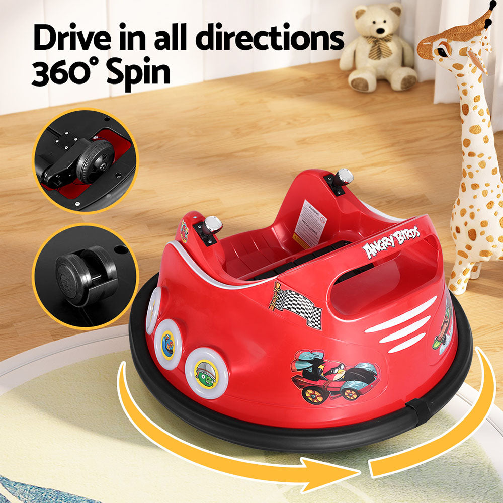 Red bumper car with 360-degree spin feature on a wooden floor.