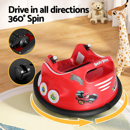 Red bumper car with 360-degree spin feature on a wooden floor.