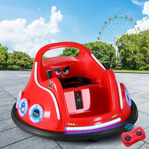 Red toy bumper car with a remote control in front of a Ferris wheel