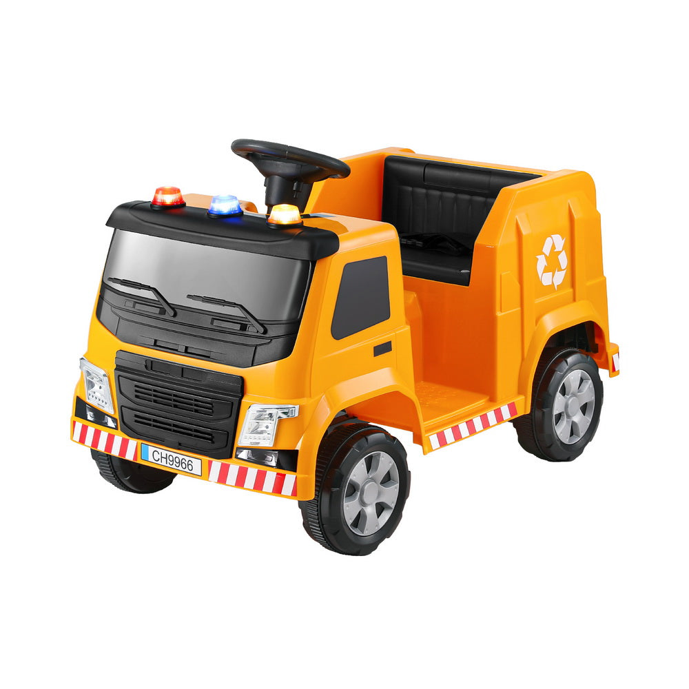 Toy garbage truck with orange body and black details on a white background