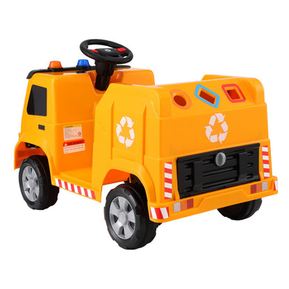 Toy garbage truck with recycling symbols on a white background