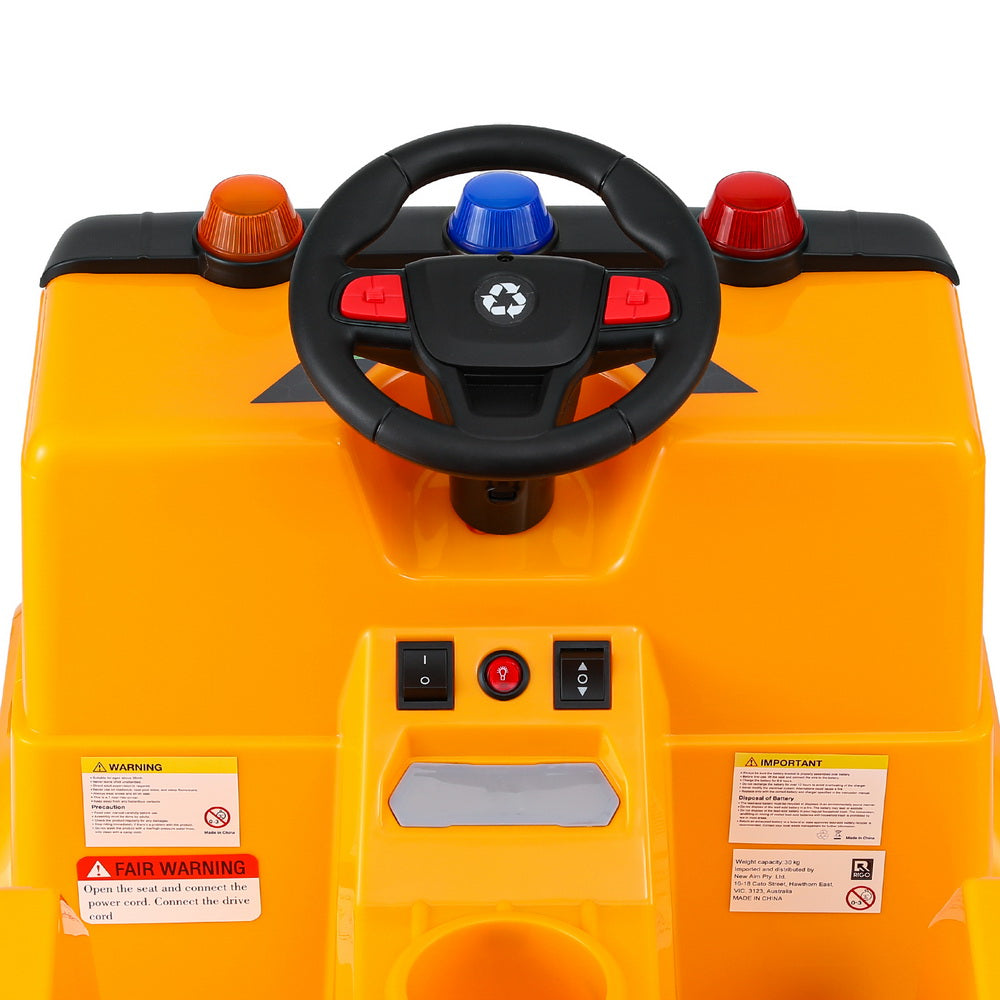 Toy forklift control panel with steering wheel and buttons on a white background