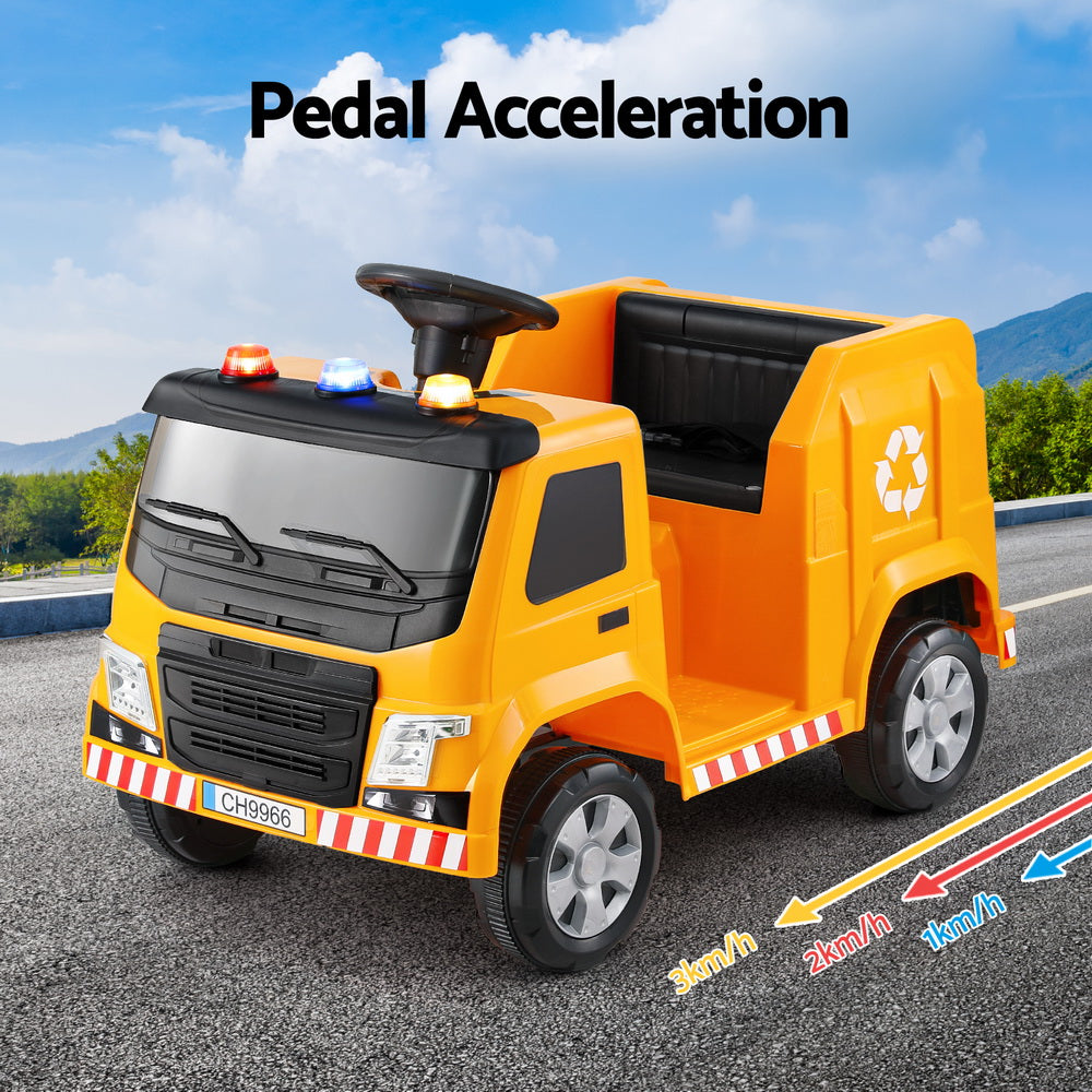 Yellow toy garbage truck with pedal acceleration features on a road.