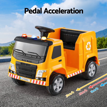 Yellow toy garbage truck with pedal acceleration features on a road.