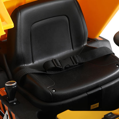 Close-up of a black seat with a strap on a vehicle, featuring orange and yellow accents.