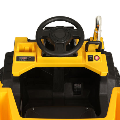 Close-up of a yellow toy car with a steering wheel on a white background
