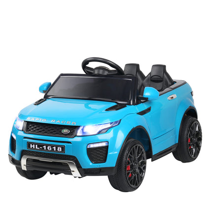 Blue toy car resembling a luxury vehicle on a white background