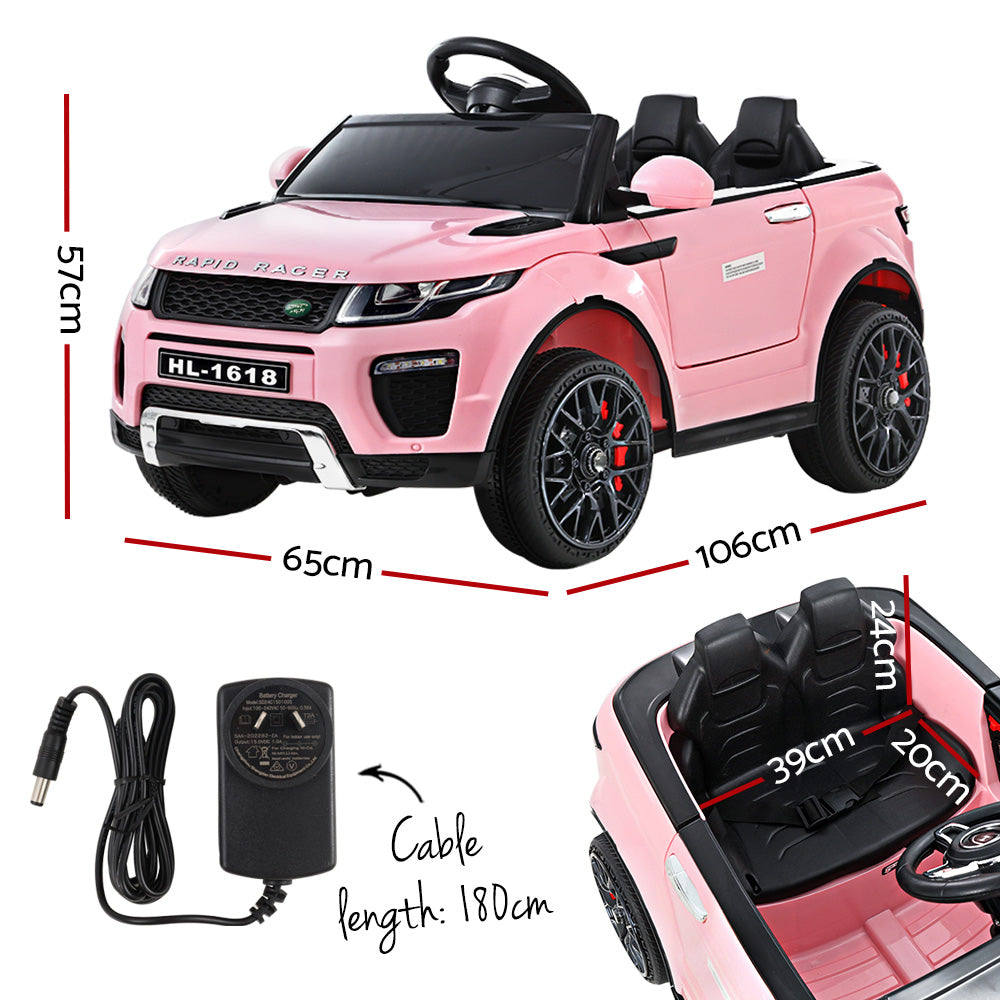Pink toy car with dimensions and accessories on a white background
