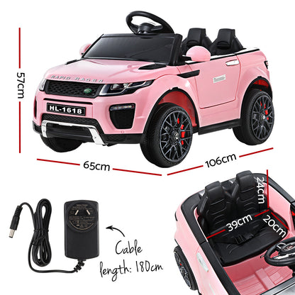 Pink toy car with dimensions and accessories on a white background