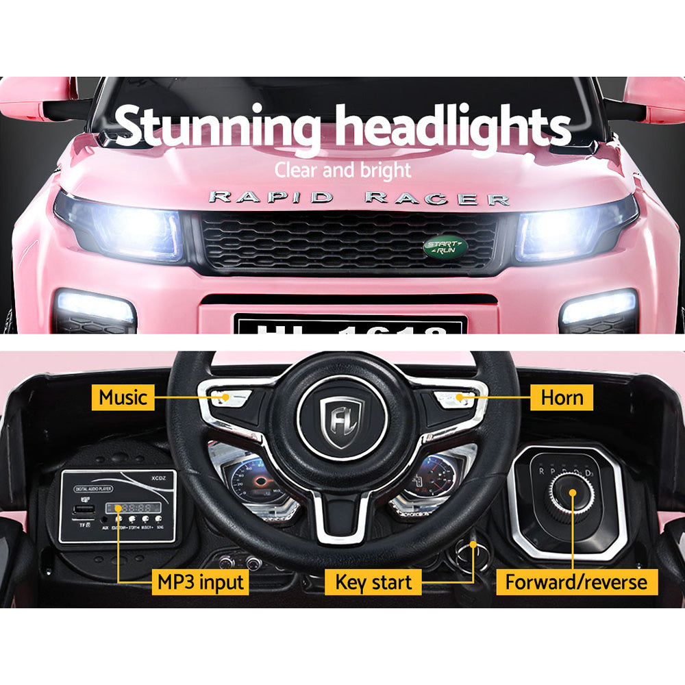 Pink toy car with headlights and control panel features labeled.