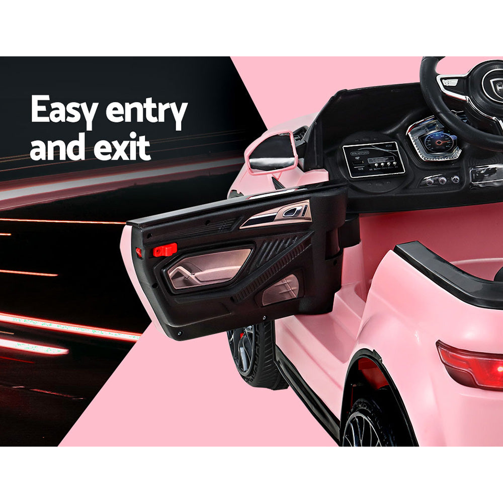 Pink toy car interior with open door, dashboard, and steering wheel on a black and pink background.