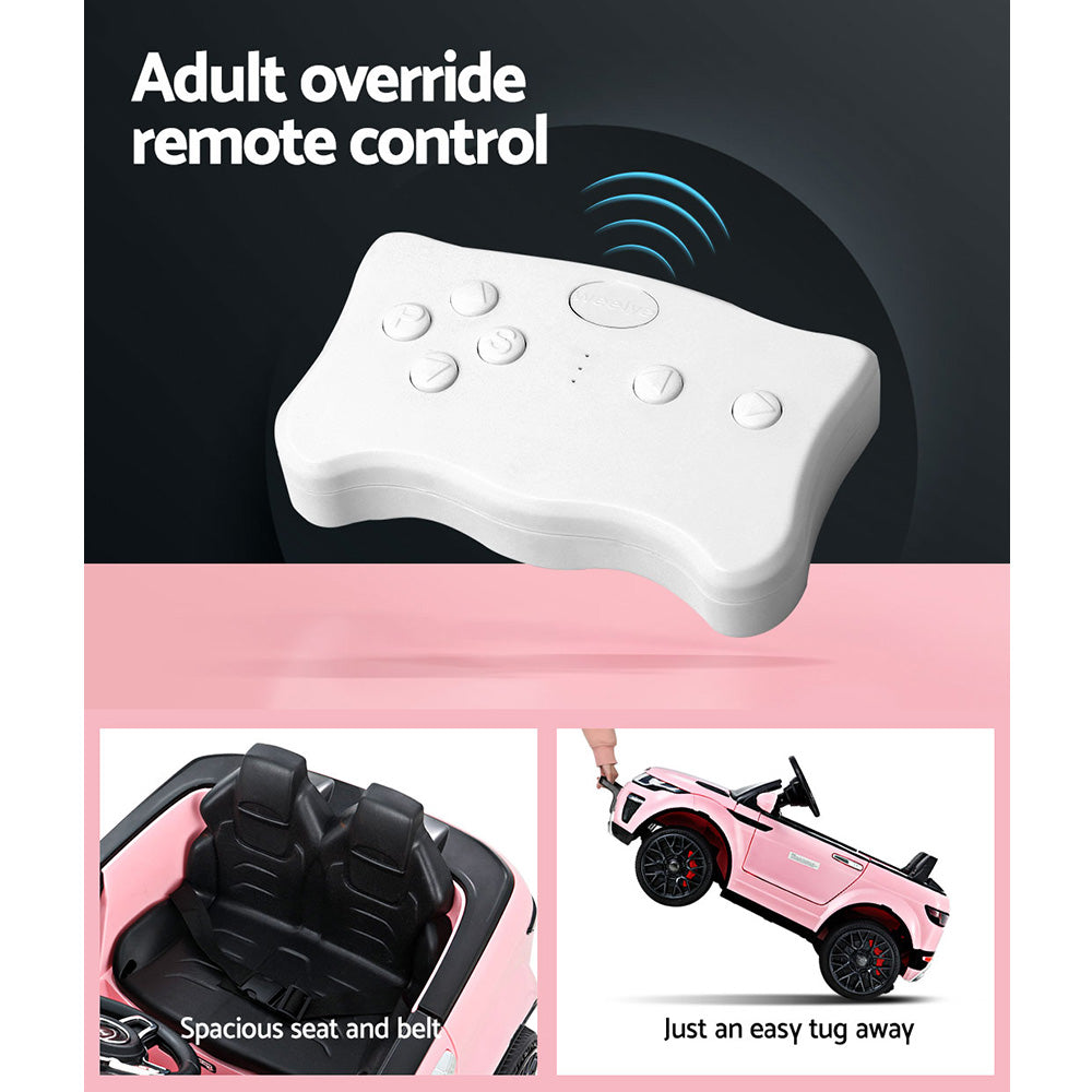 White remote control with text 'Adult override remote control' on a black background, with images of a pink toy car and seat.