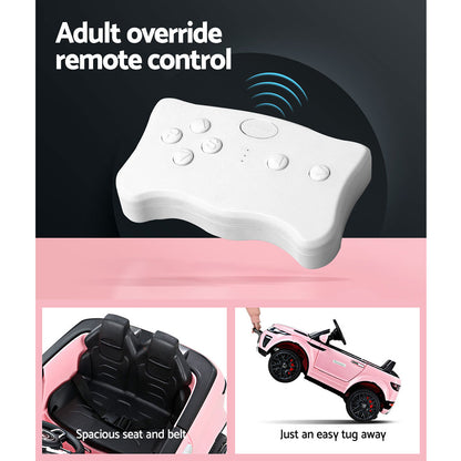 White remote control with text 'Adult override remote control' on a black background, with images of a pink toy car and seat.