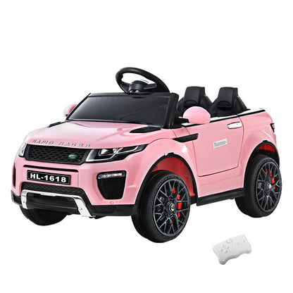 Pink toy car resembling a luxury vehicle with a remote control on a white background