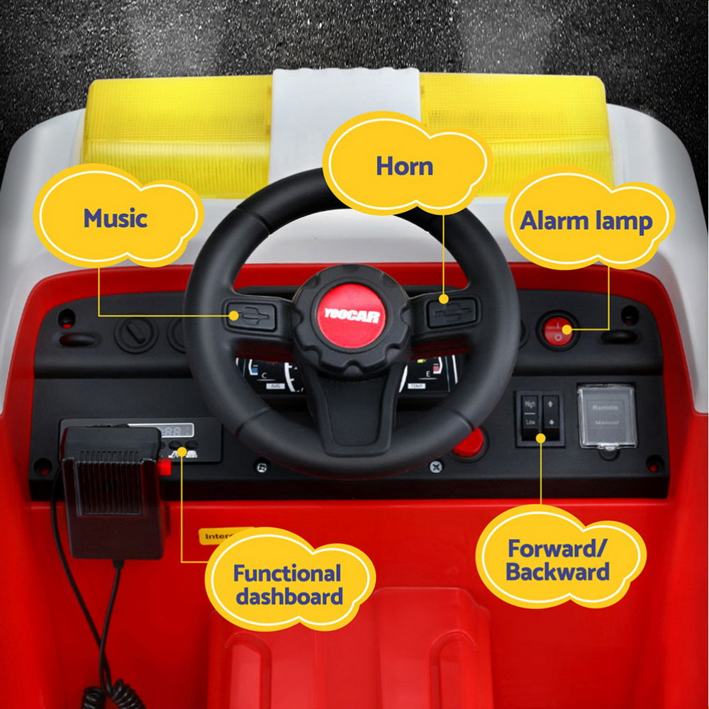 Children's toy car interior with labeled components on a black background