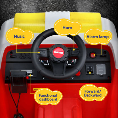 Children's toy car interior with labeled components on a black background