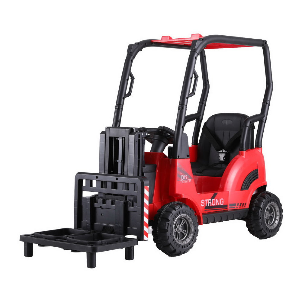 Red toy forklift with black seat and attachments on a white background