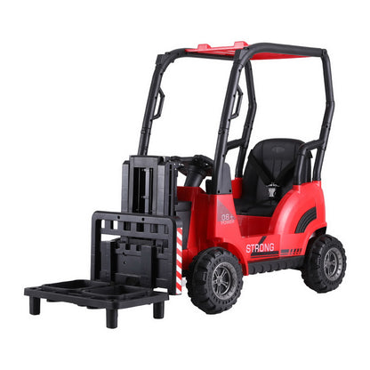 Red toy forklift with black seat and attachments on a white background
