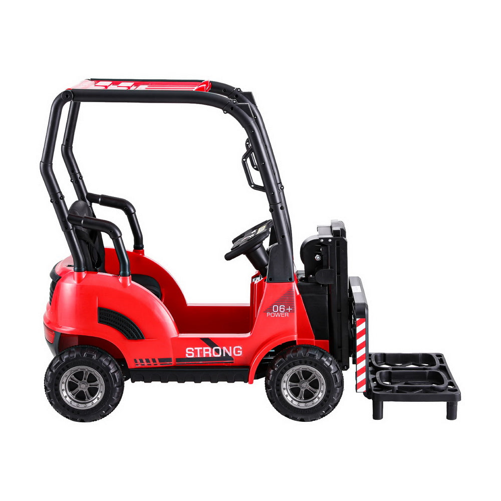 Red toy forklift with black accents on a white background