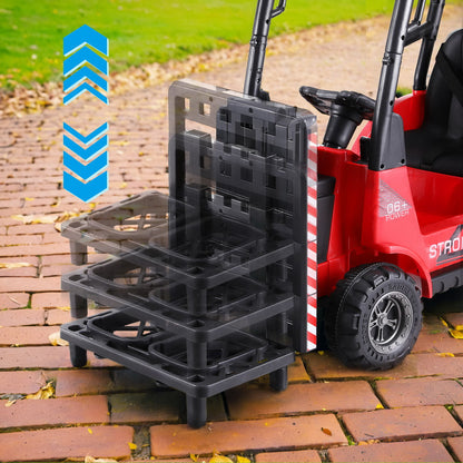 Black plastic trays stacked on a red and black lawn mower on a brick patio.
