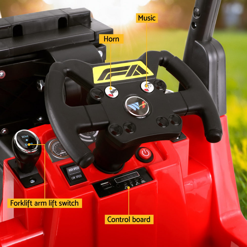 Red forklift with labeled controls including steering wheel, horn, fork lift arm lift switch, and control board.