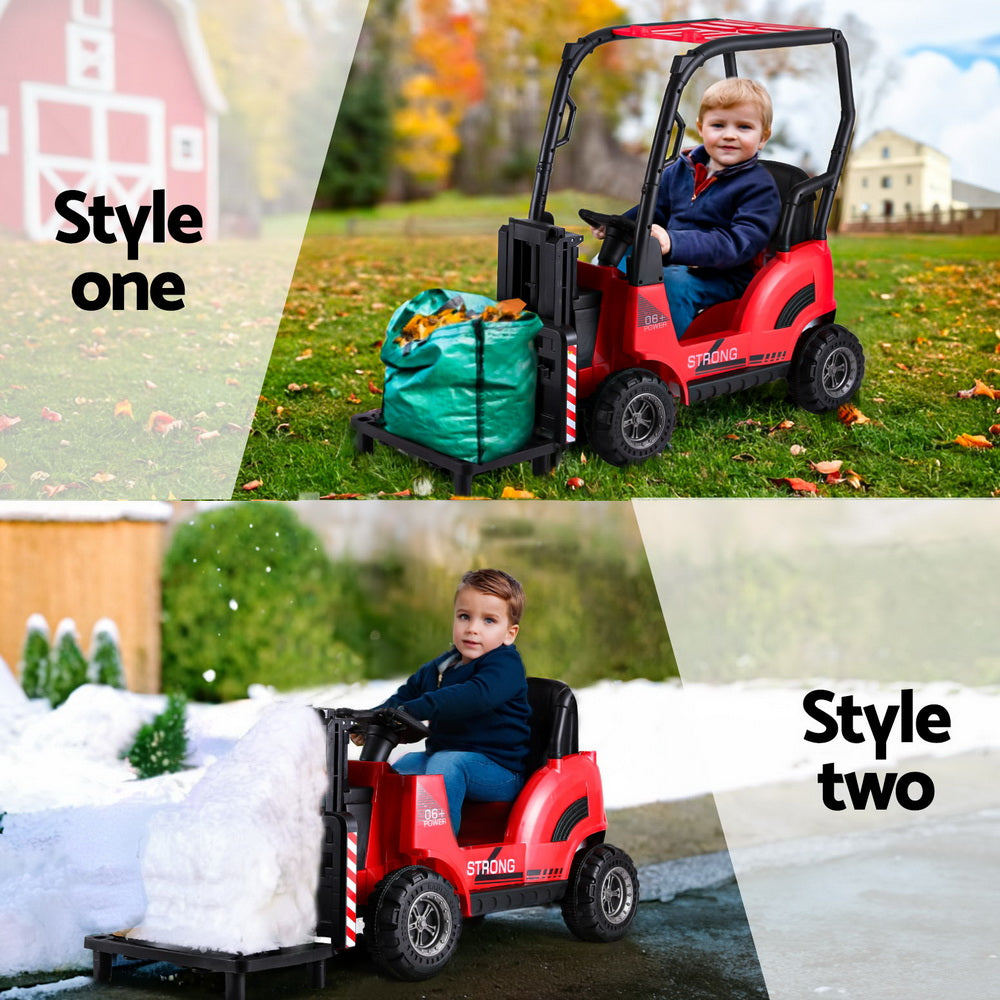 Child playing with a toy forklift in two different settings: grassy area and snowy landscape.