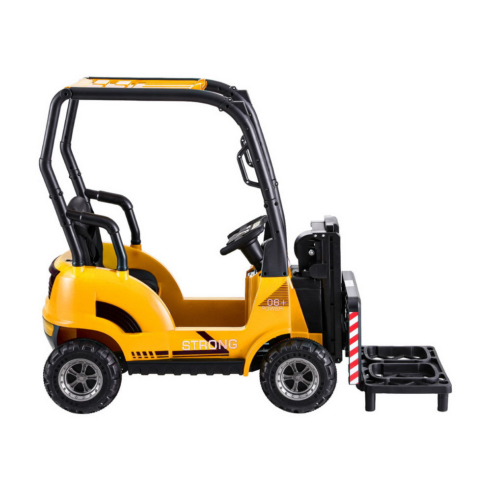 Yellow toy forklift with black accents on a white background