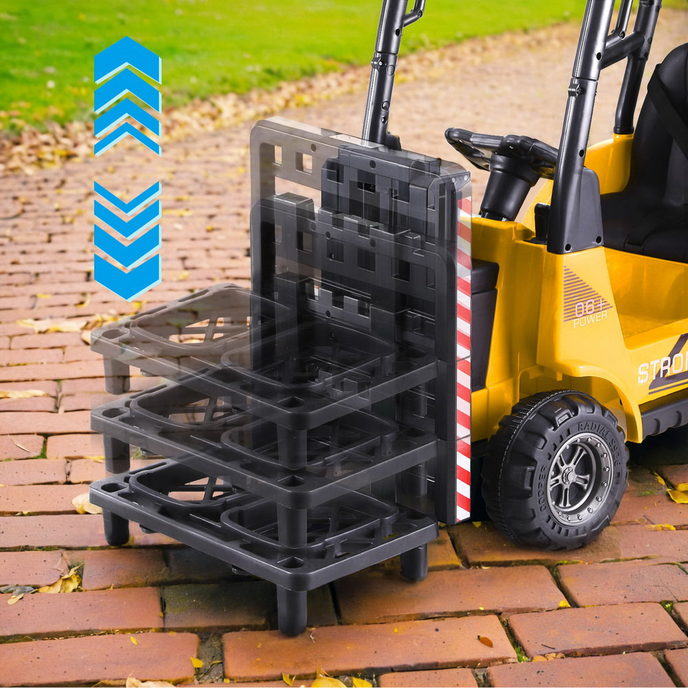 Black plastic pallets stacked next to a yellow forklift on a brick surface.