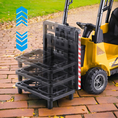 Black plastic pallets stacked next to a yellow forklift on a brick surface.