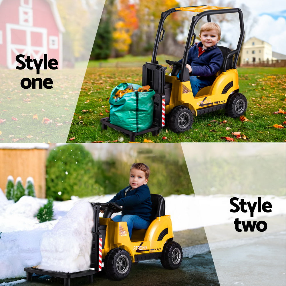 Child playing with a toy forklift in two different settings: grassy area and snowy landscape.