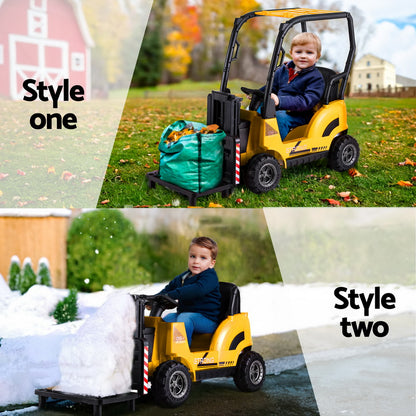 Child playing with a toy forklift in two different settings: grassy area and snowy landscape.