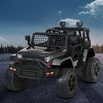 Black toy jeep on a dark surface with a forest and blue sky in the background