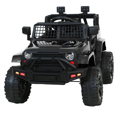 Black toy off-road vehicle with large wheels on a white background