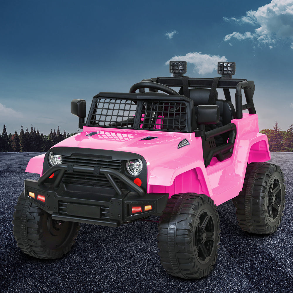 Pink toy jeep with black accents on a paved surface with a sky background