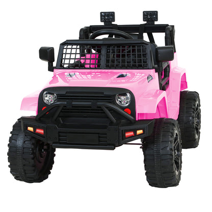 Pink toy jeep with black details on a white background