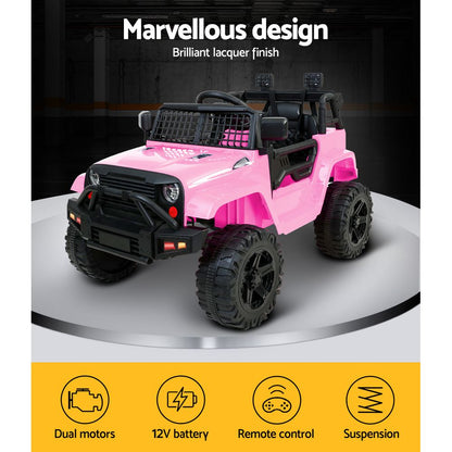 Pink toy off-road vehicle on a white platform with text highlighting features.